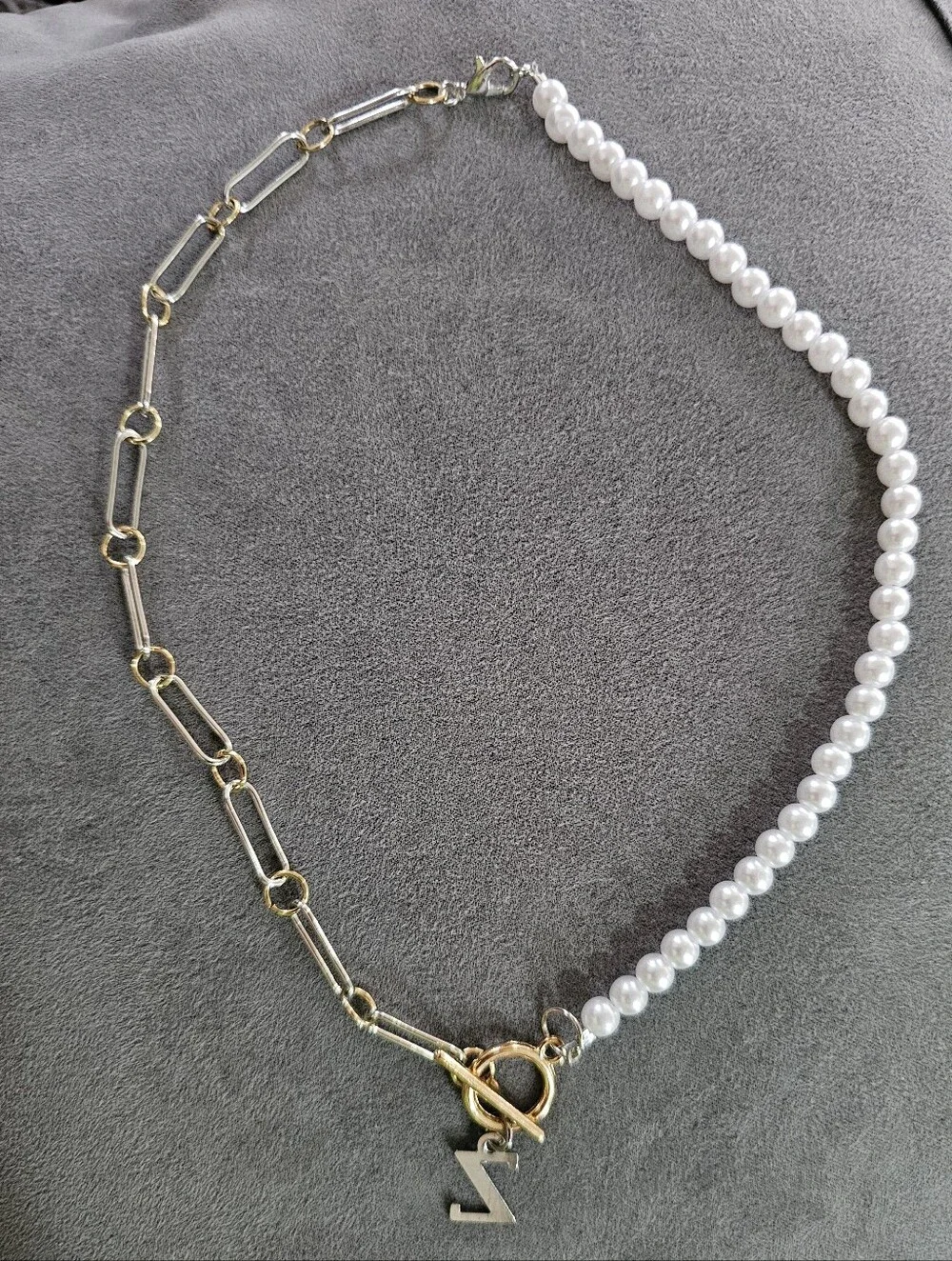 Gold Link and White Pearl Half-Chain Necklace with Charm